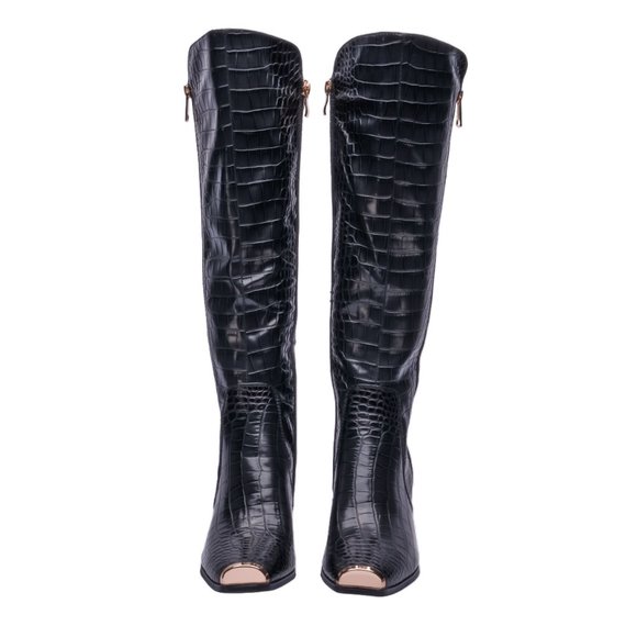 Stylish Vintage Black Fashion Leather Knee High Heel Crocodile Boot - Picture 5 of 9
